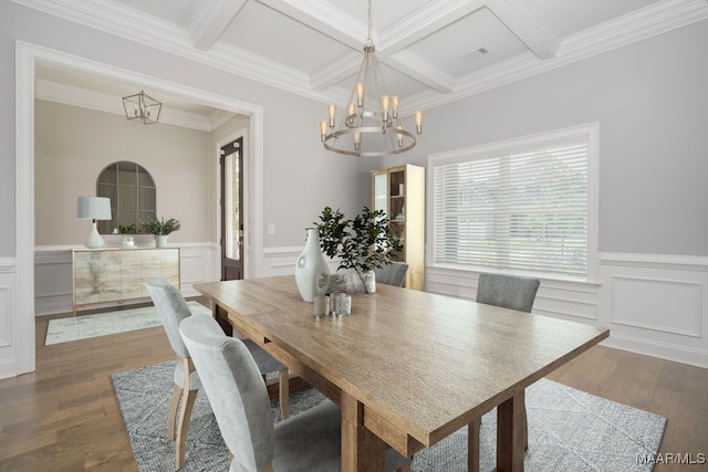 dining room featuring a chandelier, coffered ceiling, beam ceiling, dark hardwood / wood-style floors, and ornamental molding