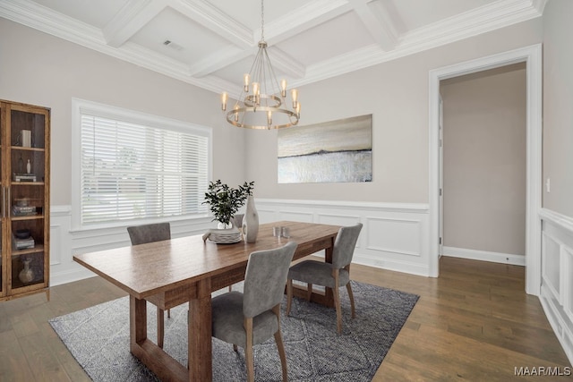 dining area with coffered ceiling, beamed ceiling, dark hardwood / wood-style floors, and crown molding