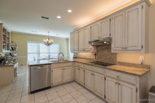 kitchen featuring light tile patterned flooring, a notable chandelier, sink, stainless steel dishwasher, and black electric stovetop