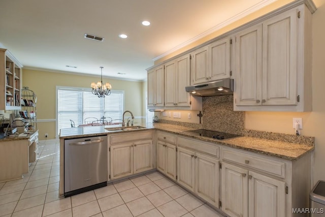 8301 Wynlakes Blvd, Montgomery, AL 36117 - kitchen featuring black electric cooktop, dishwasher, a sink, a peninsula, and under cabinet range hood
