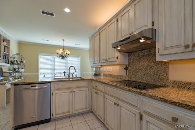 kitchen featuring stovetop, kitchen peninsula, sink, and stainless steel dishwasher