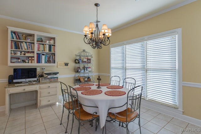 tiled dining room featuring a notable chandelier, built in desk, and crown molding