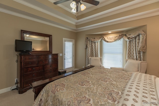 bedroom featuring crown molding, ceiling fan, and carpet flooring