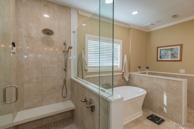 bathroom featuring tile patterned floors, crown molding, and independent shower and bath