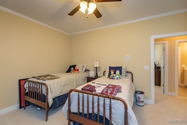 bedroom with light carpet, crown molding, and ceiling fan