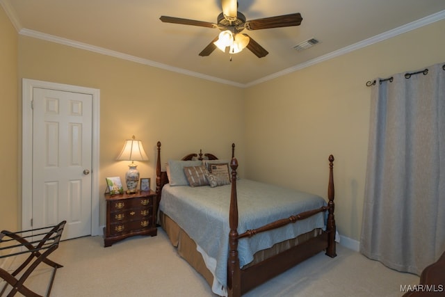 bedroom with ceiling fan, light colored carpet, and ornamental molding