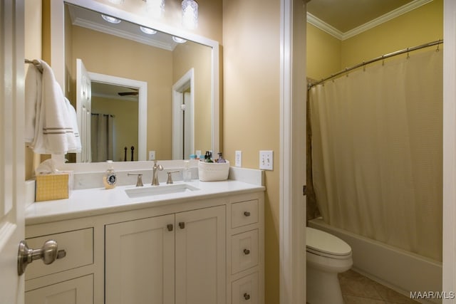 full bathroom featuring shower / tub combo with curtain, vanity, tile patterned floors, crown molding, and toilet