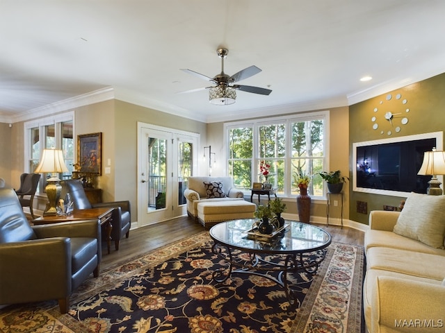 living room featuring dark wood-type flooring, ceiling fan, and ornamental molding