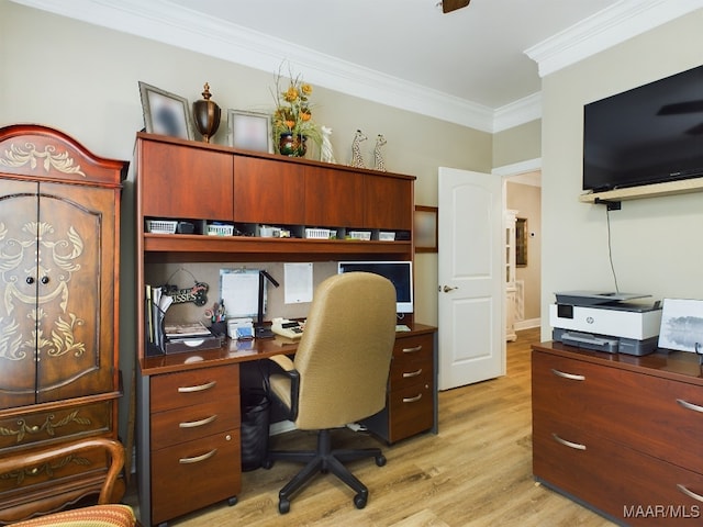 office space featuring crown molding and light hardwood / wood-style flooring