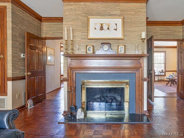 details featuring crown molding and parquet floors