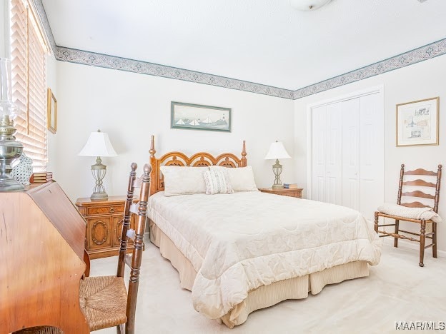 carpeted bedroom with a closet