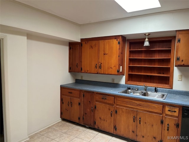 kitchen with black dishwasher, a skylight, sink, ornamental molding, and light tile patterned floors