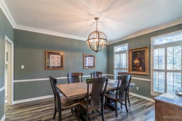 dining room featuring dark wood-style floors, a notable chandelier, crown molding, and baseboards