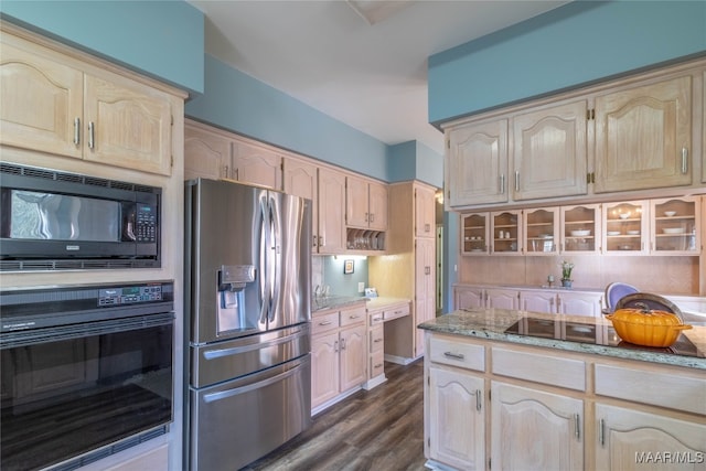 kitchen featuring dark wood-style floors, black appliances, light brown cabinets, and light stone countertops