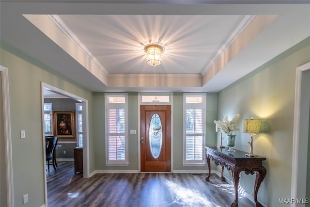 entrance foyer featuring wood finished floors, ornamental molding, a raised ceiling, and baseboards