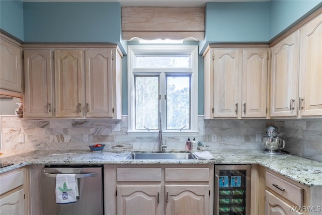 kitchen with tasteful backsplash, beverage cooler, dishwasher, and light brown cabinetry