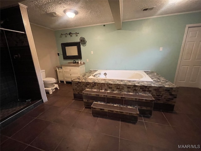 full bathroom featuring vanity, plus walk in shower, tile patterned floors, toilet, and a textured ceiling