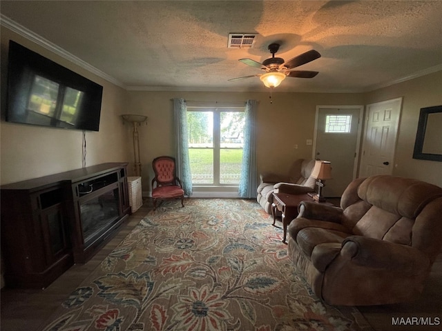 living room with ceiling fan, ornamental molding, and a textured ceiling