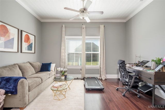 office area featuring dark hardwood / wood-style floors, wooden ceiling, ornamental molding, and ceiling fan