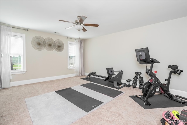 workout area featuring ceiling fan, plenty of natural light, and carpet flooring