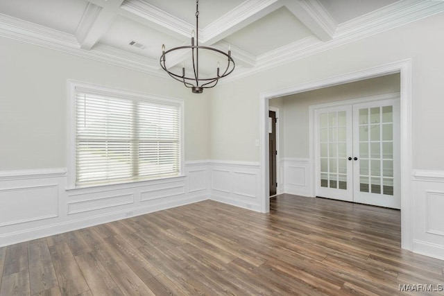 78 Hillston Dr, Wetumpka, AL 36093 - unfurnished dining area featuring a chandelier, french doors, coffered ceiling, beamed ceiling, and dark wood-style floors