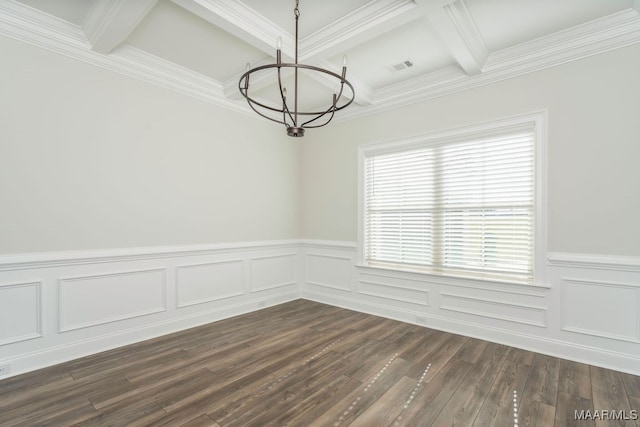 unfurnished room featuring beamed ceiling, dark hardwood / wood-style floors, a chandelier, and crown molding