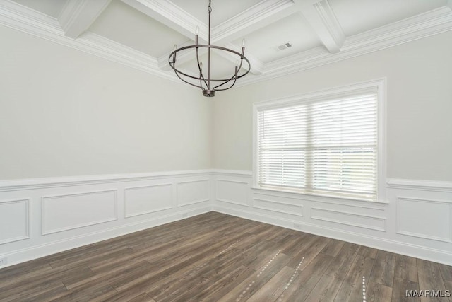 78 Hillston Dr, Wetumpka, AL 36093 - unfurnished dining area with a chandelier, coffered ceiling, beamed ceiling, dark wood-style floors, and a wainscoted wall