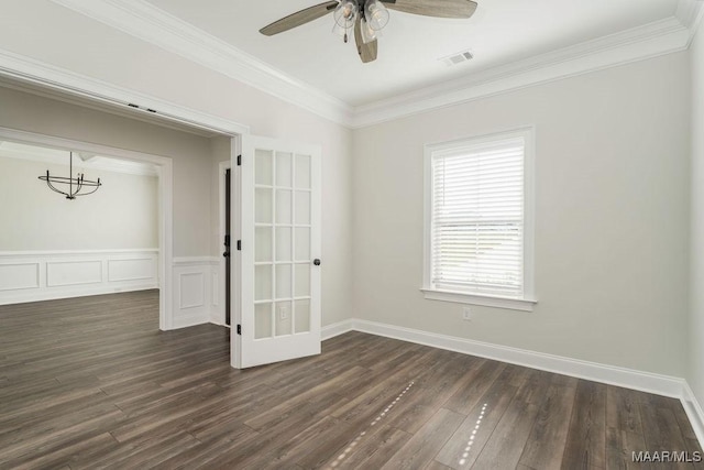 78 Hillston Dr, Wetumpka, AL 36093 - unfurnished room with dark wood-type flooring, ceiling fan, ornamental molding, french doors, and baseboards