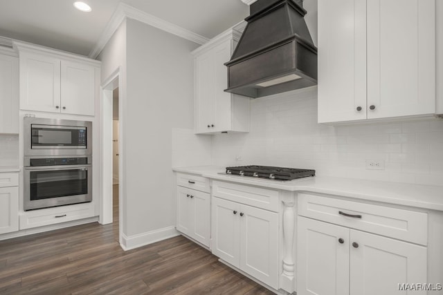 kitchen featuring custom exhaust hood, appliances with stainless steel finishes, dark wood-type flooring, and white cabinetry