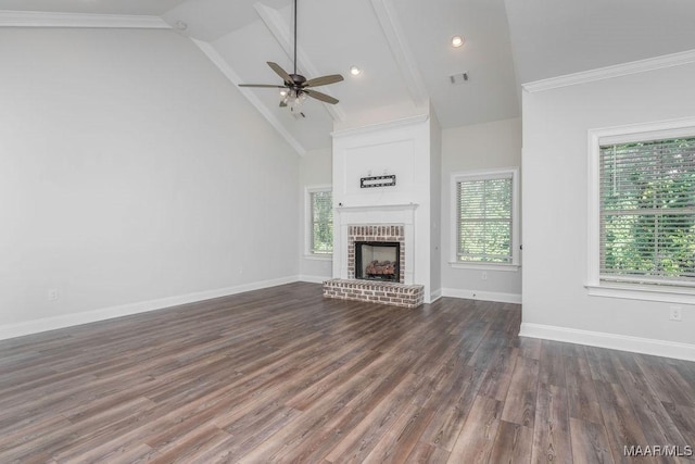 78 Hillston Dr, Wetumpka, AL 36093 - unfurnished living room with ceiling fan, a brick fireplace, high vaulted ceiling, dark wood-type flooring, and baseboards