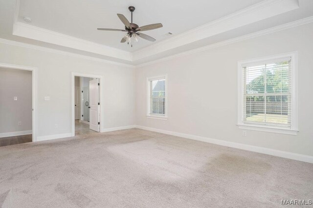 78 Hillston Dr, Wetumpka, AL 36093 - spare room featuring a tray ceiling, crown molding, plenty of natural light, light carpet, and ceiling fan
