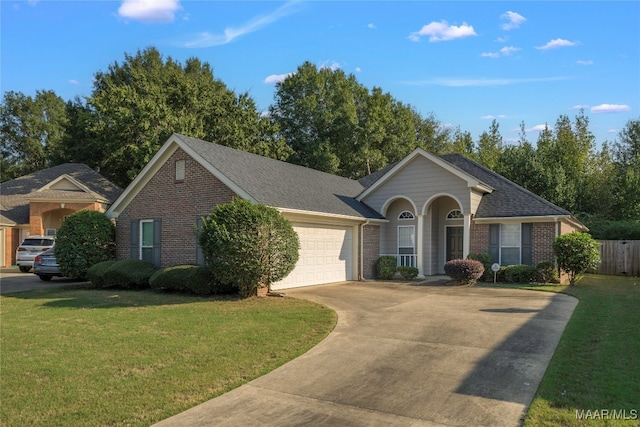 ranch-style house with a garage and a front lawn