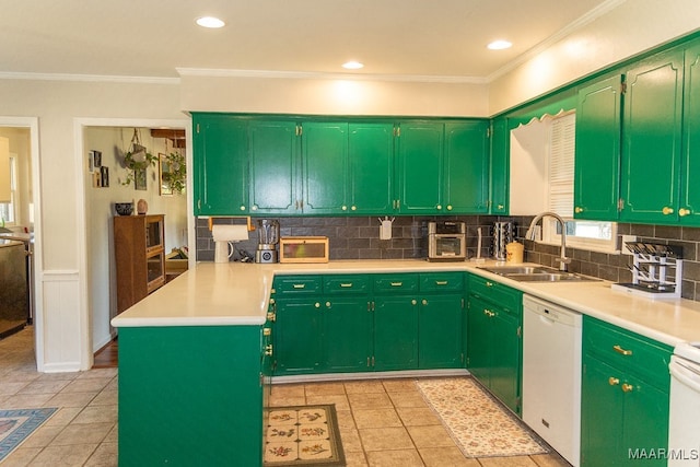 kitchen featuring white dishwasher, light tile patterned floors, ornamental molding, sink, and kitchen peninsula