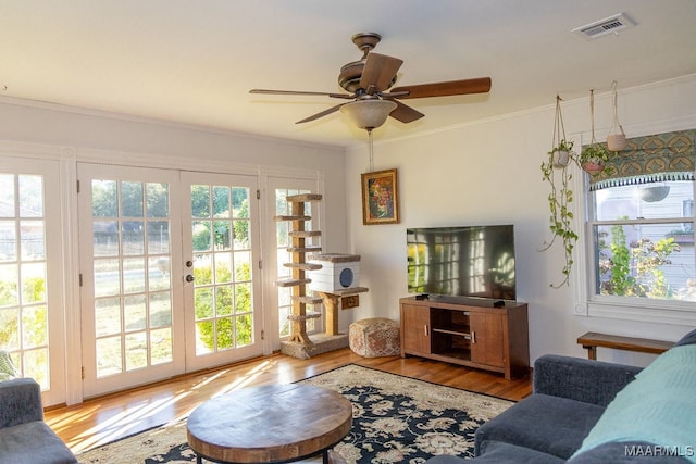 living room with ceiling fan, light wood-type flooring, and a wealth of natural light