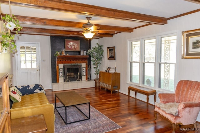 living room featuring a fireplace, beamed ceiling, plenty of natural light, and dark wood-type flooring