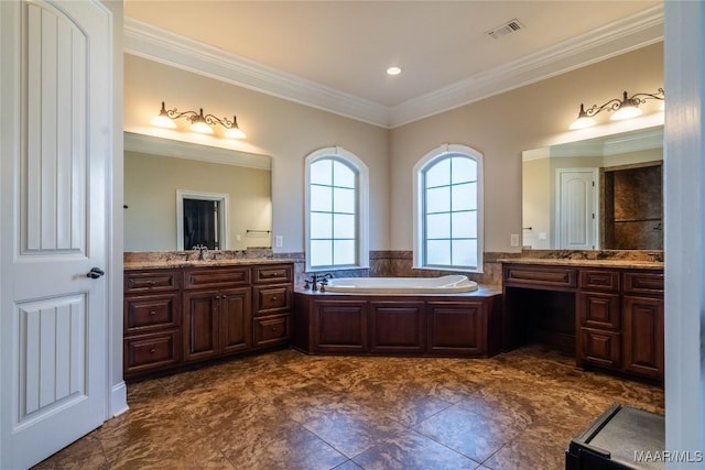 156 Walnut Point Dr, Wetumpka, AL 36093 - full bath featuring a sink, a garden tub, two vanities, visible vents, and ornamental molding