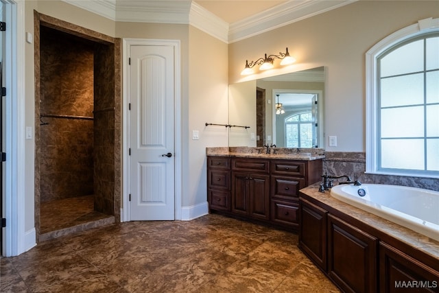 bathroom featuring vanity, crown molding, an inviting chandelier, and plus walk in shower