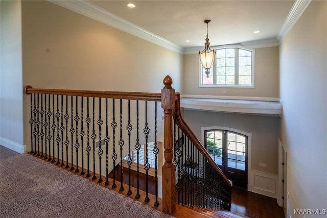 156 Walnut Point Dr, Wetumpka, AL 36093 - stairway featuring an inviting chandelier, recessed lighting, ornamental molding, and baseboards