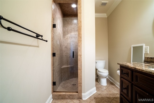 bathroom with a shower with door, tile patterned floors, toilet, crown molding, and vanity