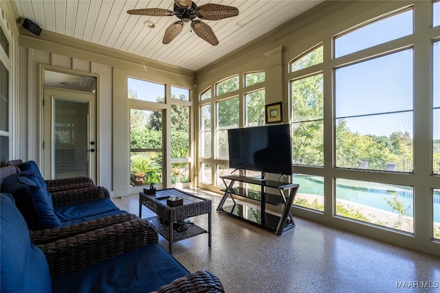 sunroom / solarium with ceiling fan and wood ceiling