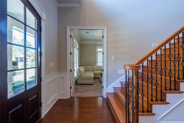 156 Walnut Point Dr, Wetumpka, AL 36093 - foyer featuring a wealth of natural light, crown molding, stairway, and dark wood finished floors