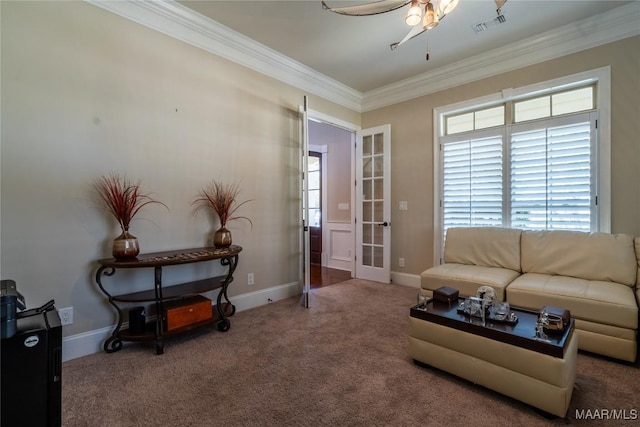 156 Walnut Point Dr, Wetumpka, AL 36093 - sitting room with ceiling fan, carpet flooring, baseboards, visible vents, and crown molding