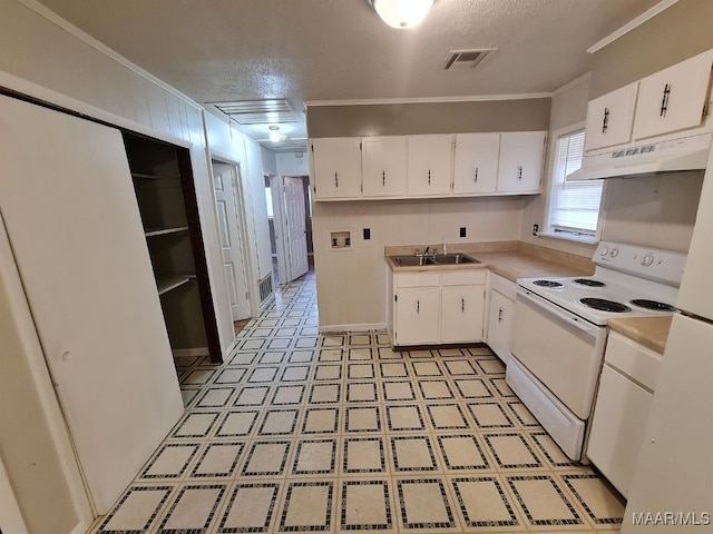 kitchen with crown molding, white electric range oven, and white cabinets