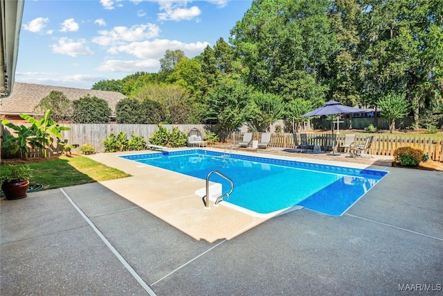 view of swimming pool with a fenced backyard, a diving board, a fenced in pool, and a patio