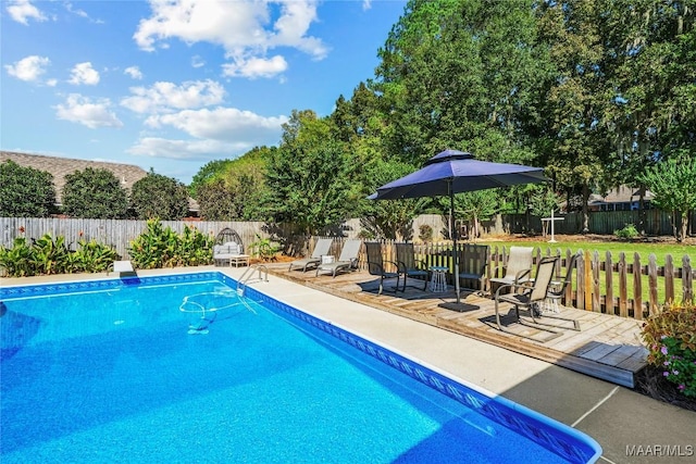 view of swimming pool with a patio area, a fenced backyard, and a fenced in pool