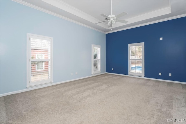 carpeted spare room with ornamental molding, a tray ceiling, and a wealth of natural light