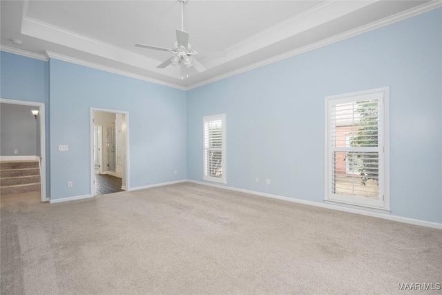 unfurnished bedroom with a tray ceiling, carpet flooring, crown molding, and baseboards