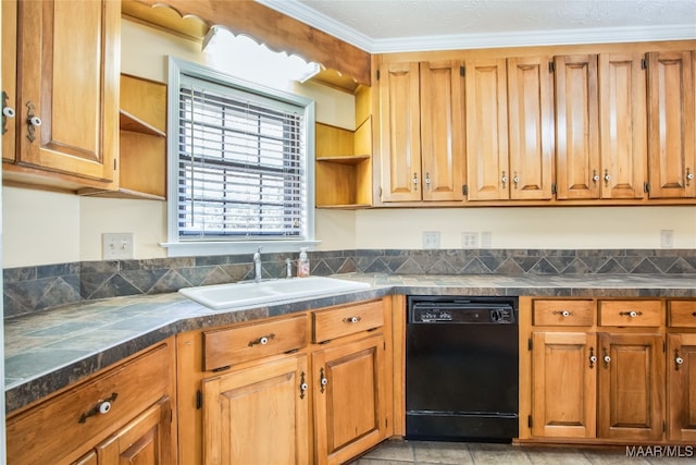 kitchen with sink, ornamental molding, and dishwasher