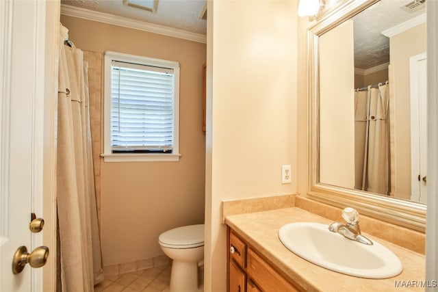 bathroom featuring vanity, a textured ceiling, toilet, and tile patterned flooring