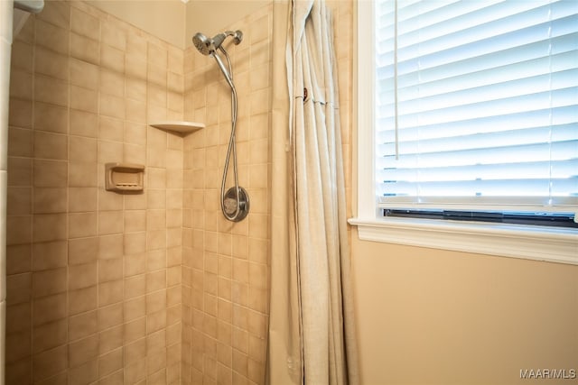 bathroom with a shower with shower curtain